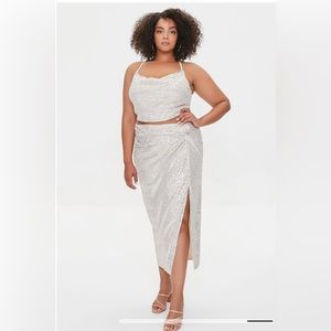 Plus Size Sequin Cropped Shirt and Skirt Set